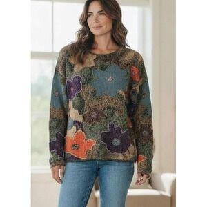 Vintage DAVID BROOKS Hand Knit Sweater Womens Sz Medium Boho Floral Artsy